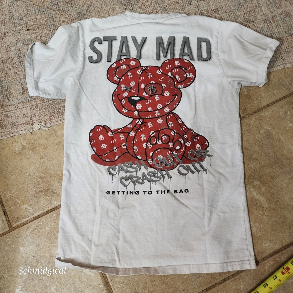 GSTR Stay Mad Cash Out Red Teddy Bear Graphic T-Shirt White Mens Small